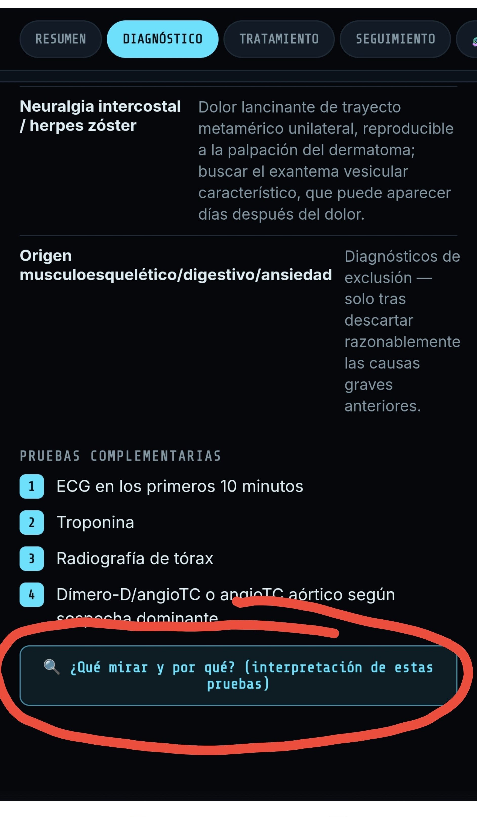 Botón '¿Qué mirar y por qué? (interpretación de estas pruebas)'
